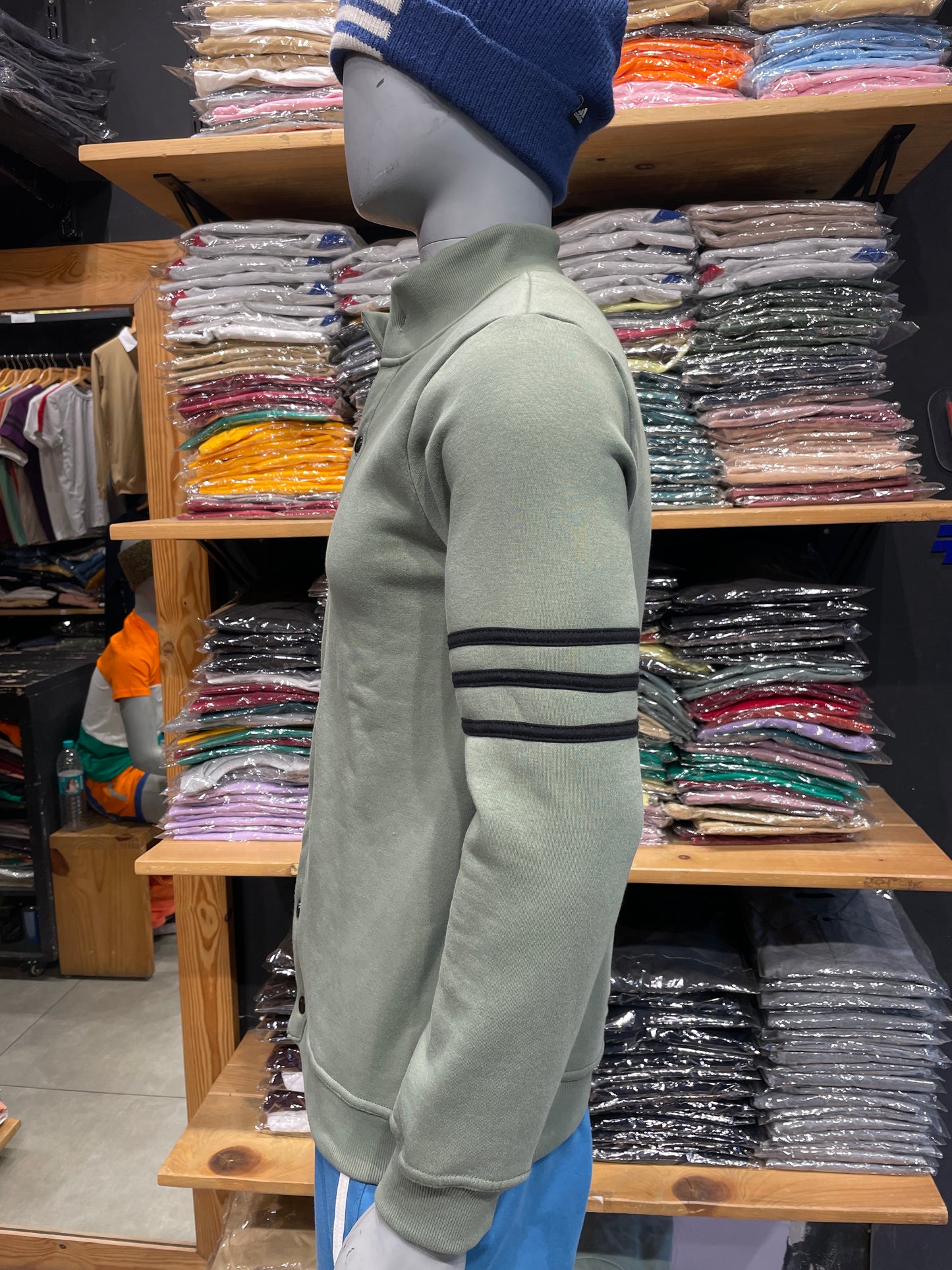 Smoke Green High Neck Jacket with Three Lines