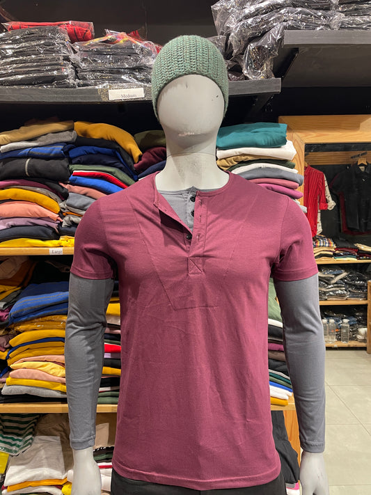 Burgundy / Steel Grey Double Placket Doc Sleeves Henley