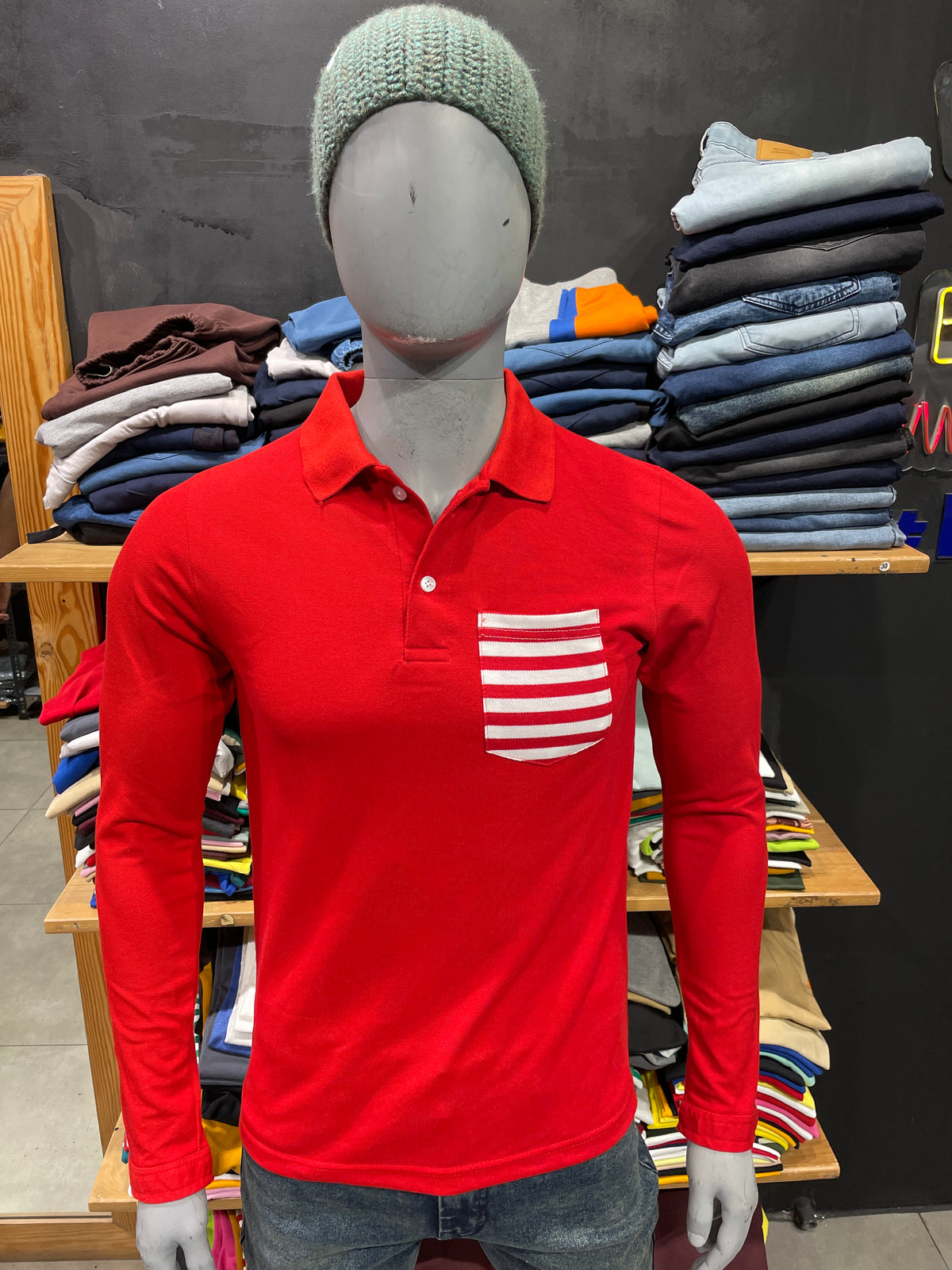 Red Polo Tshirt with Striped Pocket