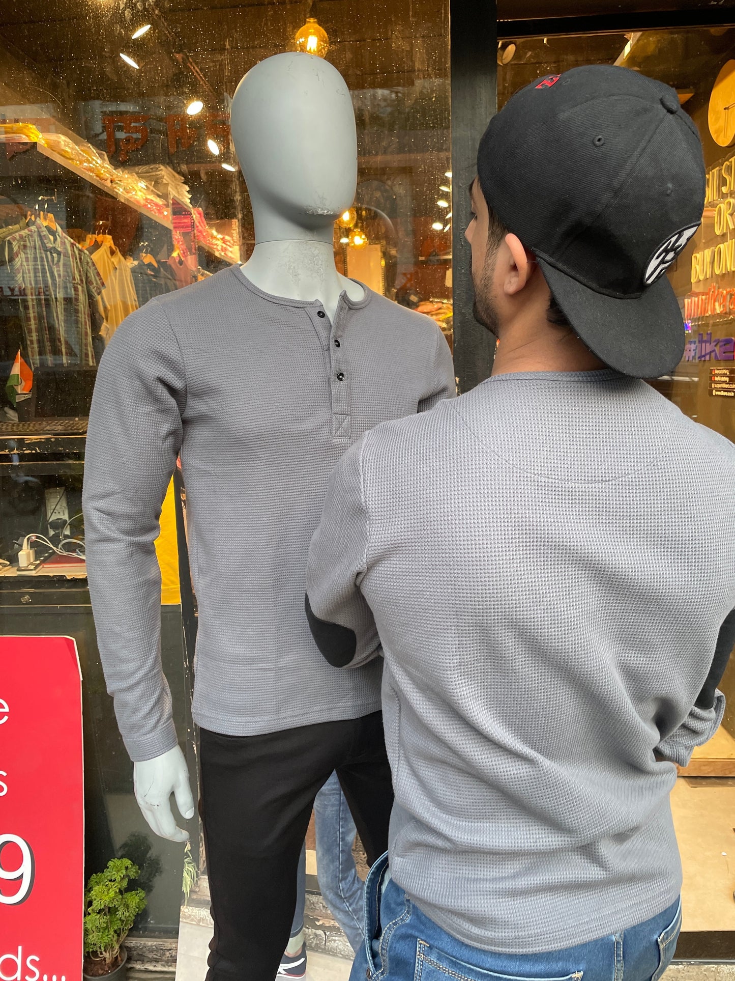Steel Grey Waffle Henley with Elbow Patch