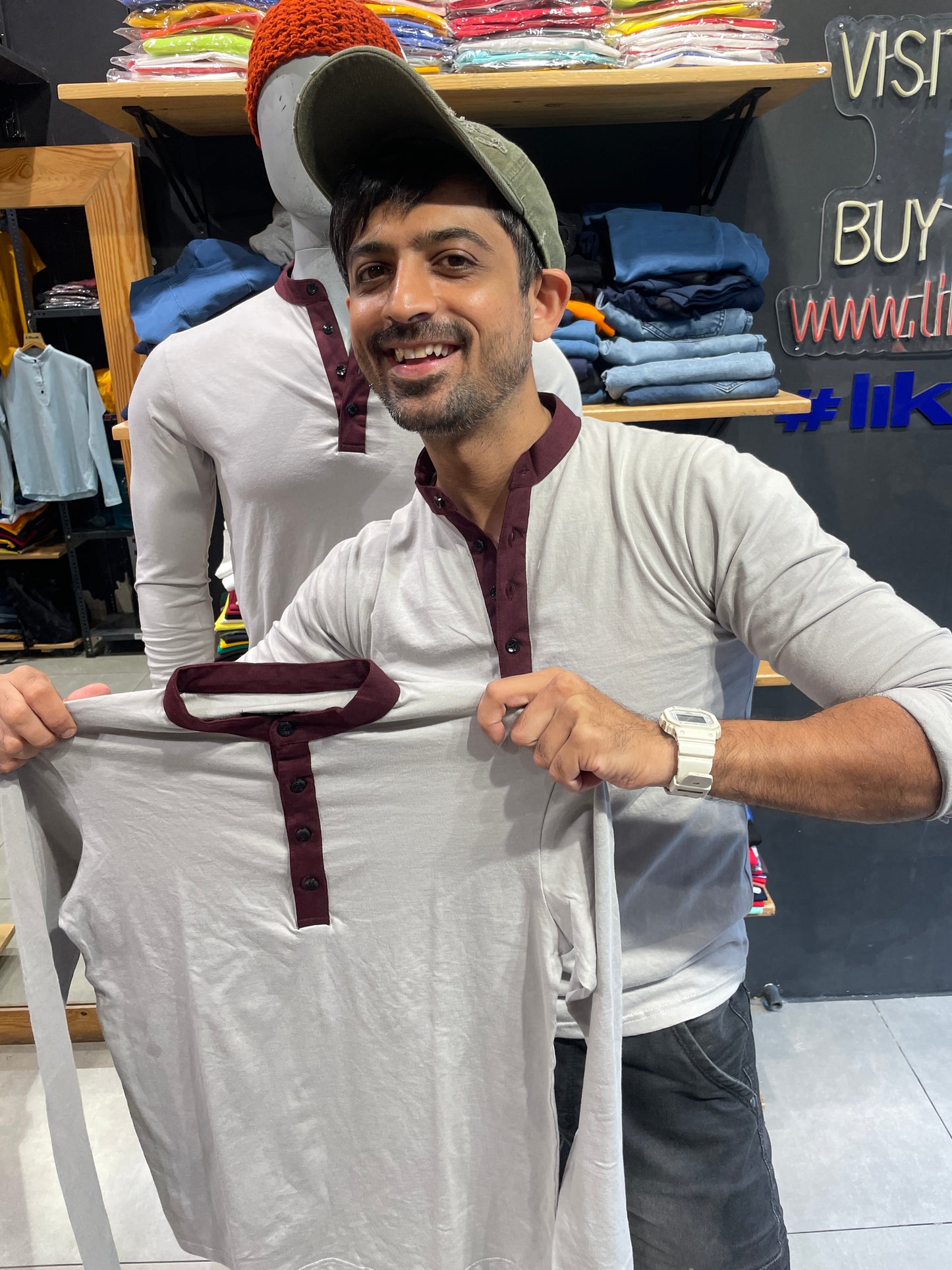 Light Grey Chinese Collar Combinaion Tee