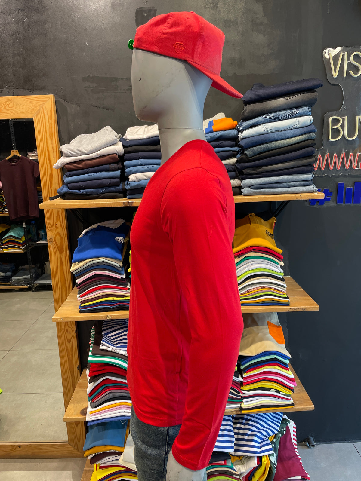 Red Basic V Neck Full Sleeves Tshirt