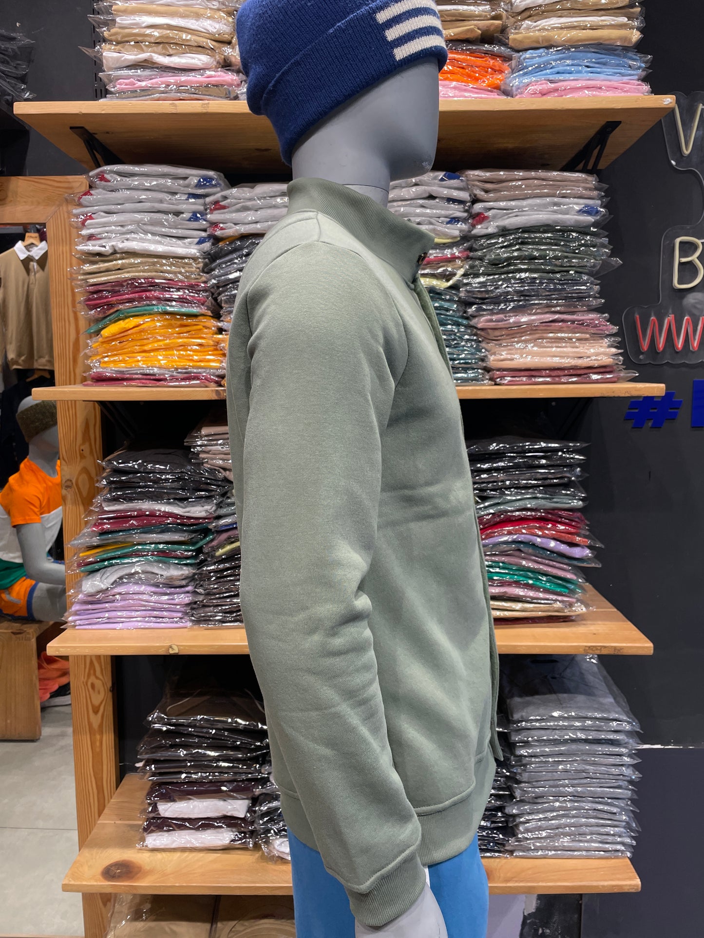 Smoke Green High Neck Jacket with Three Lines