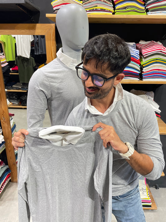 Grey Melange Pull Over Type Collar Tee