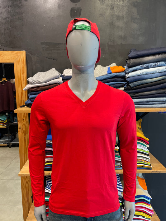 Red Basic V Neck Full Sleeves Tshirt