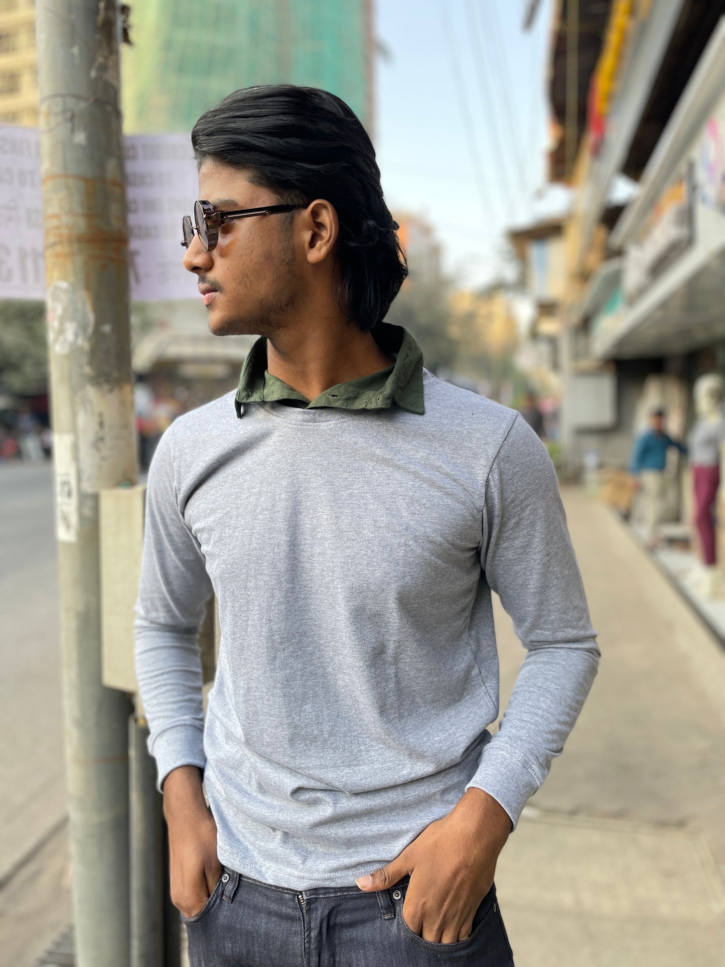 Grey Melange Pull Over Type Collar Tee