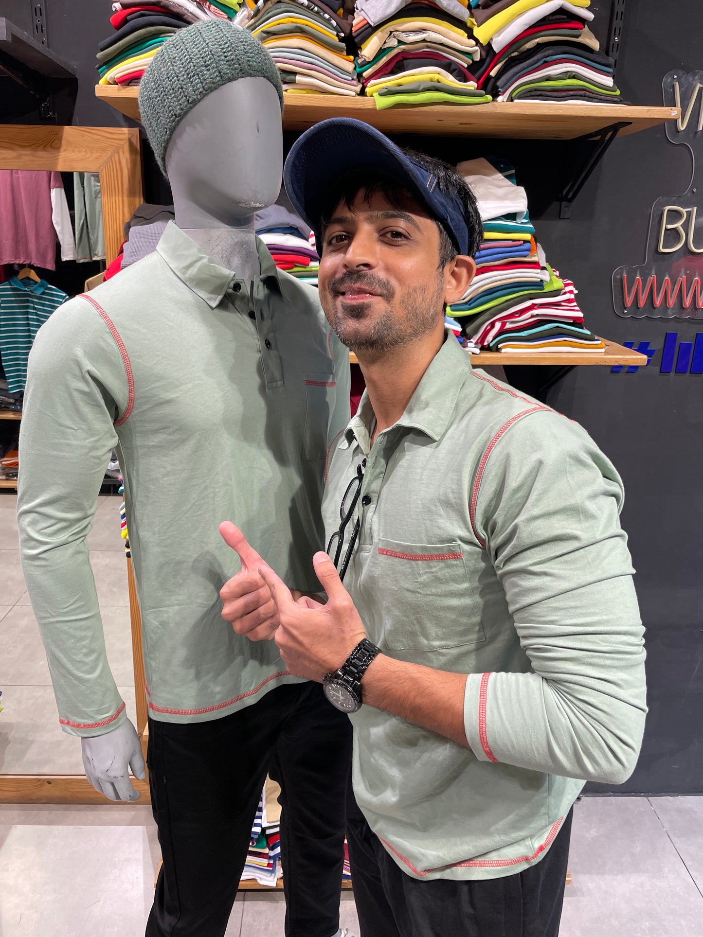 Sage Green Tshirt with Red Threads