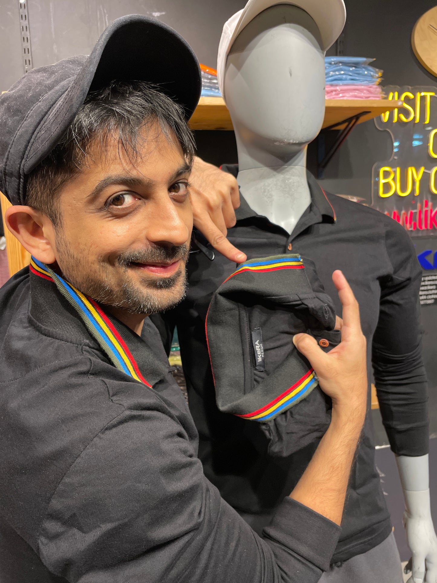 Black Ribbed Collar Tshirt with Multicolour Tipping