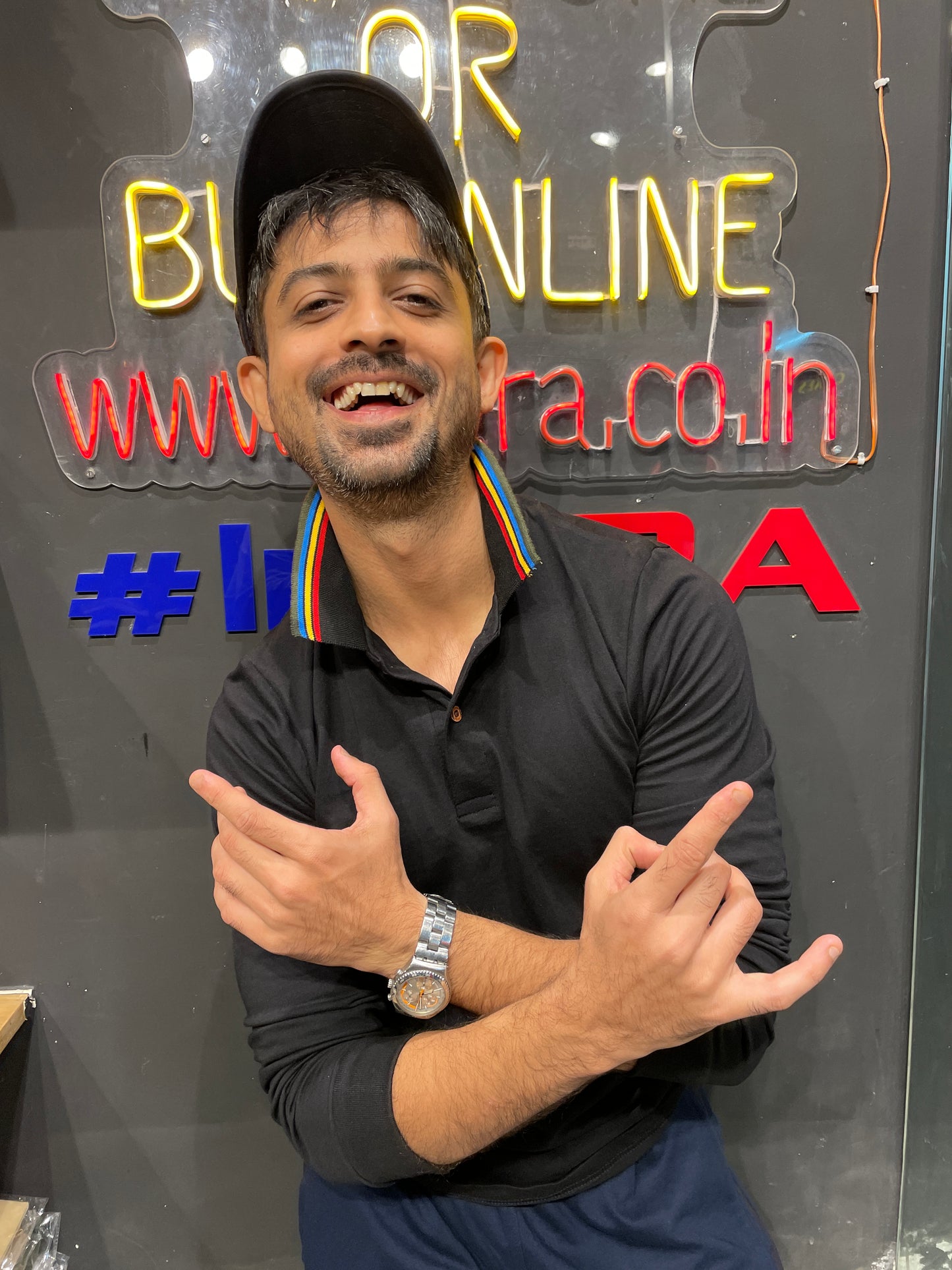 Black Ribbed Collar Tshirt with Multicolour Tipping