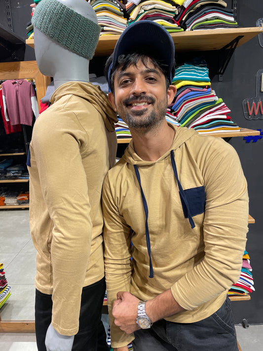 Khaki Hooded Tee with Drawstrings