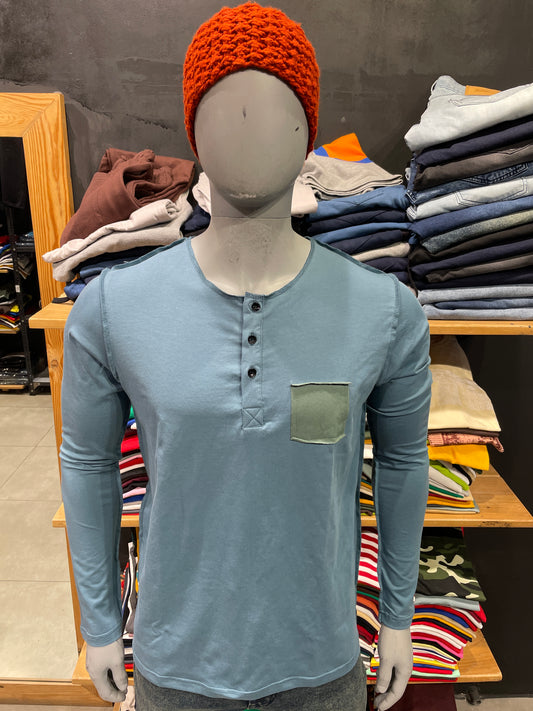 Petrol Blue Stretchable Henley with Outside Stitching