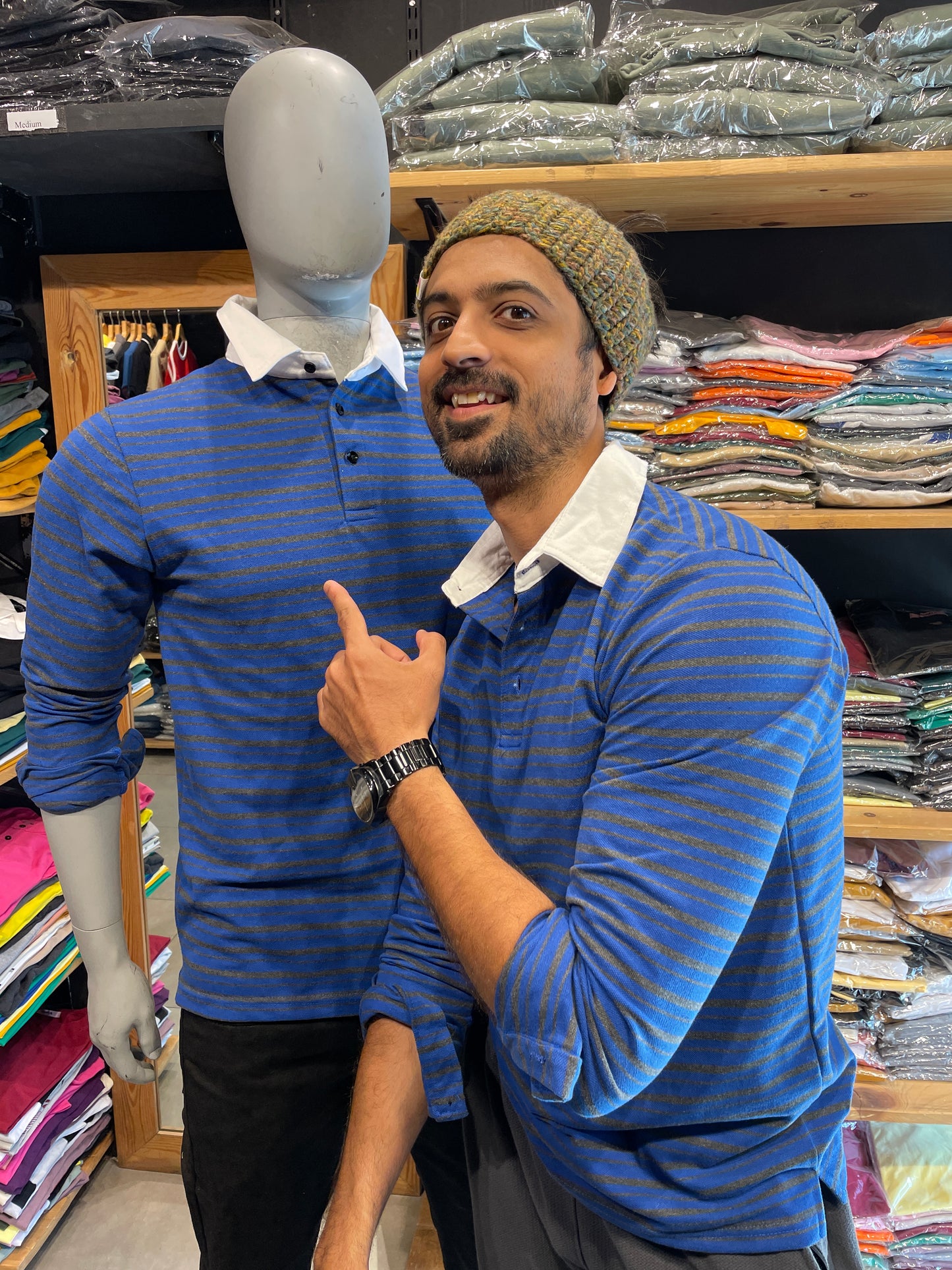 Blue / Anthra Striped Tshirt Contrast Collar