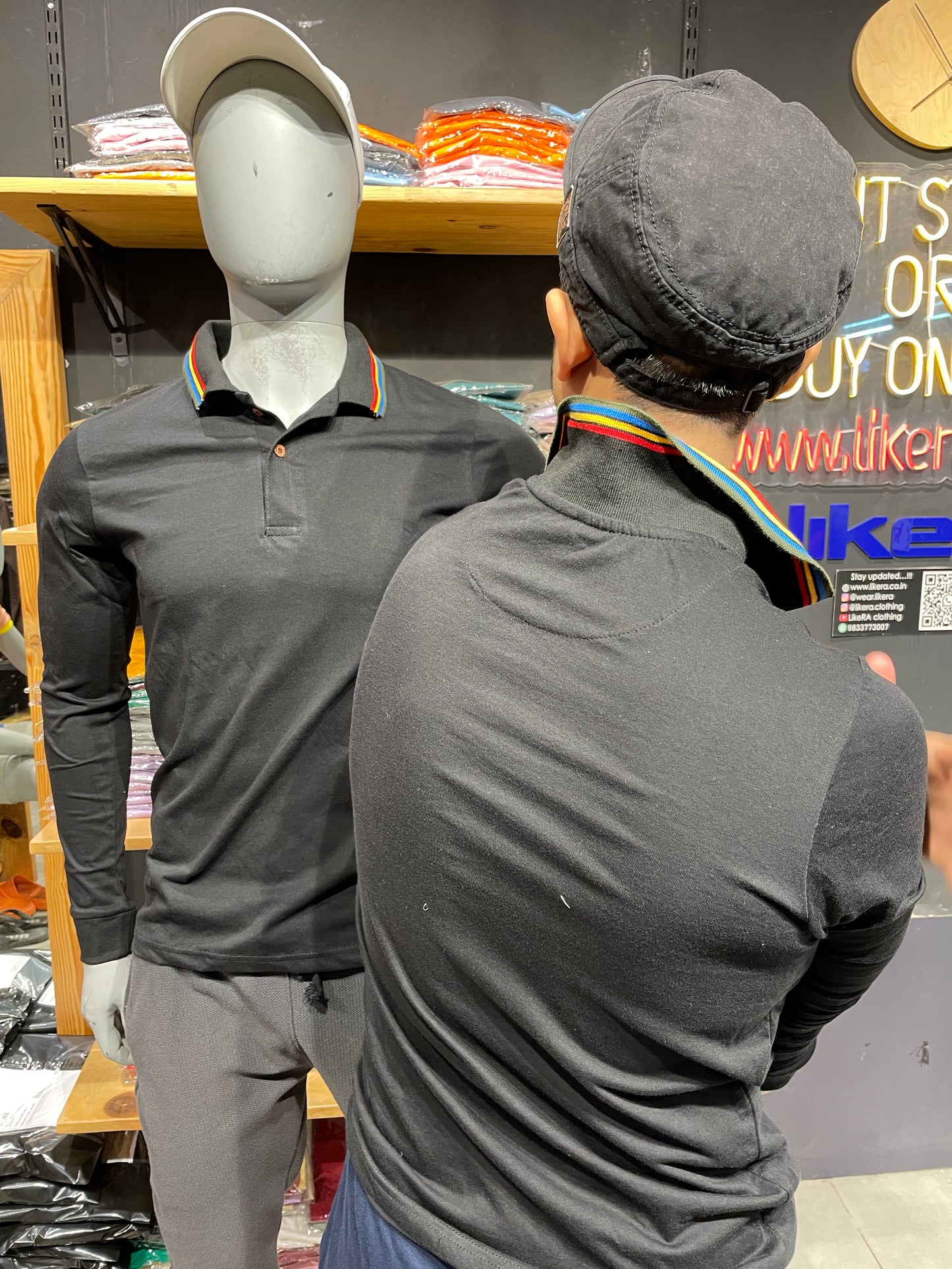 Black Ribbed Collar Tshirt with Multicolour Tipping