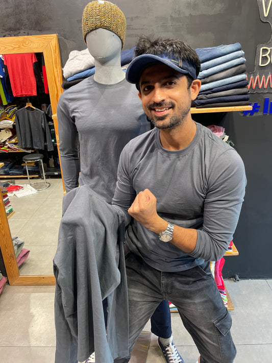 Steel Grey Basic Cotton Full Sleeves Tshirt