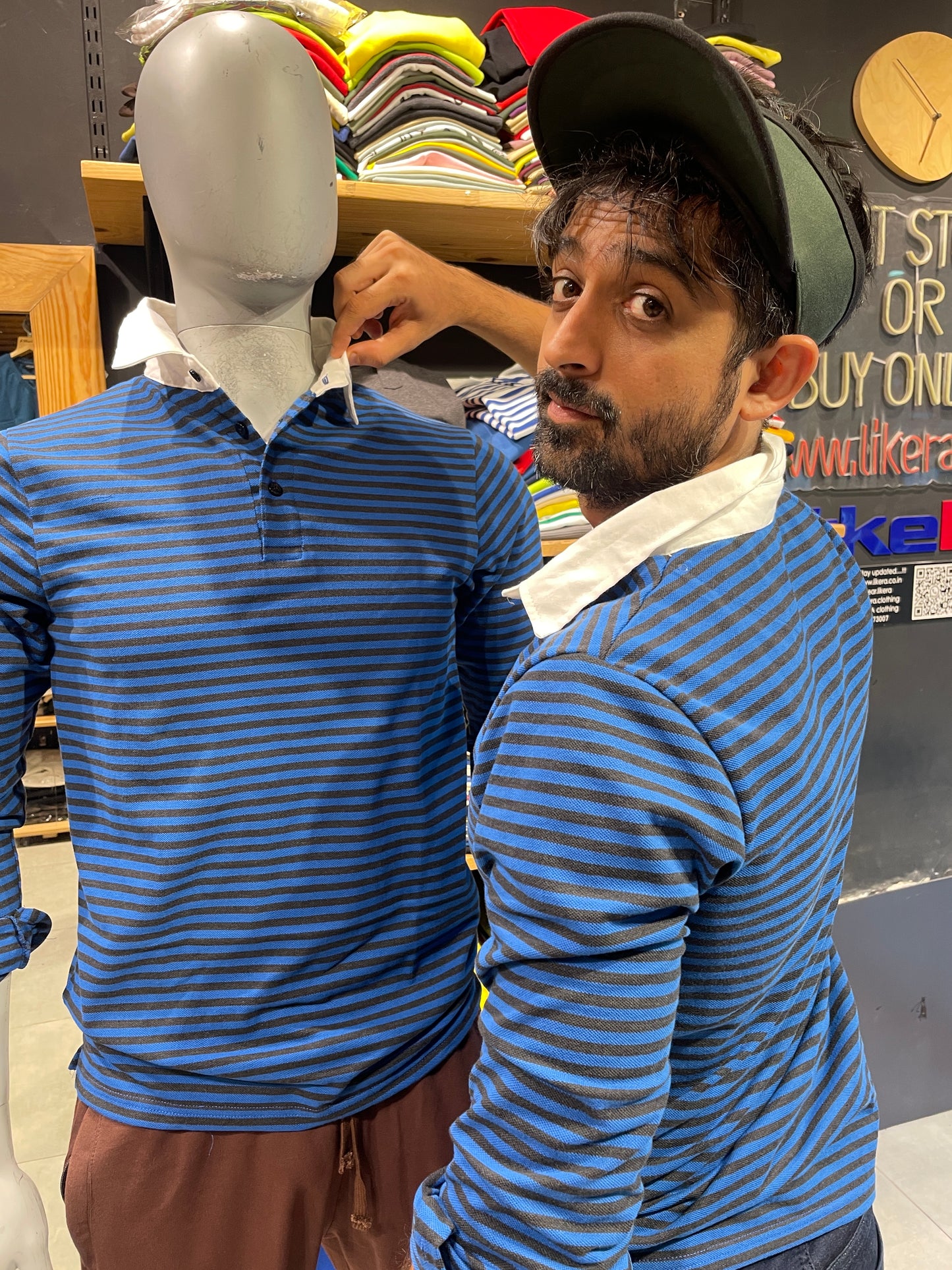 Blue / Anthra Striped Tshirt with Contrast Collar