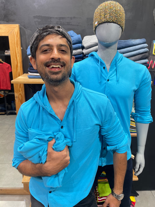 Blue Hooded Shirt with Drawstrings