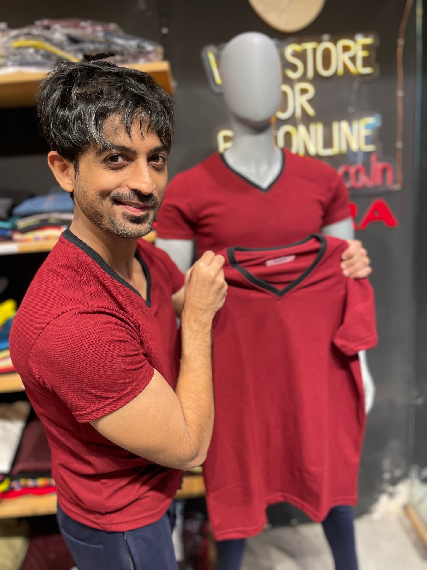 Maroon V Neck Combination Tshirt