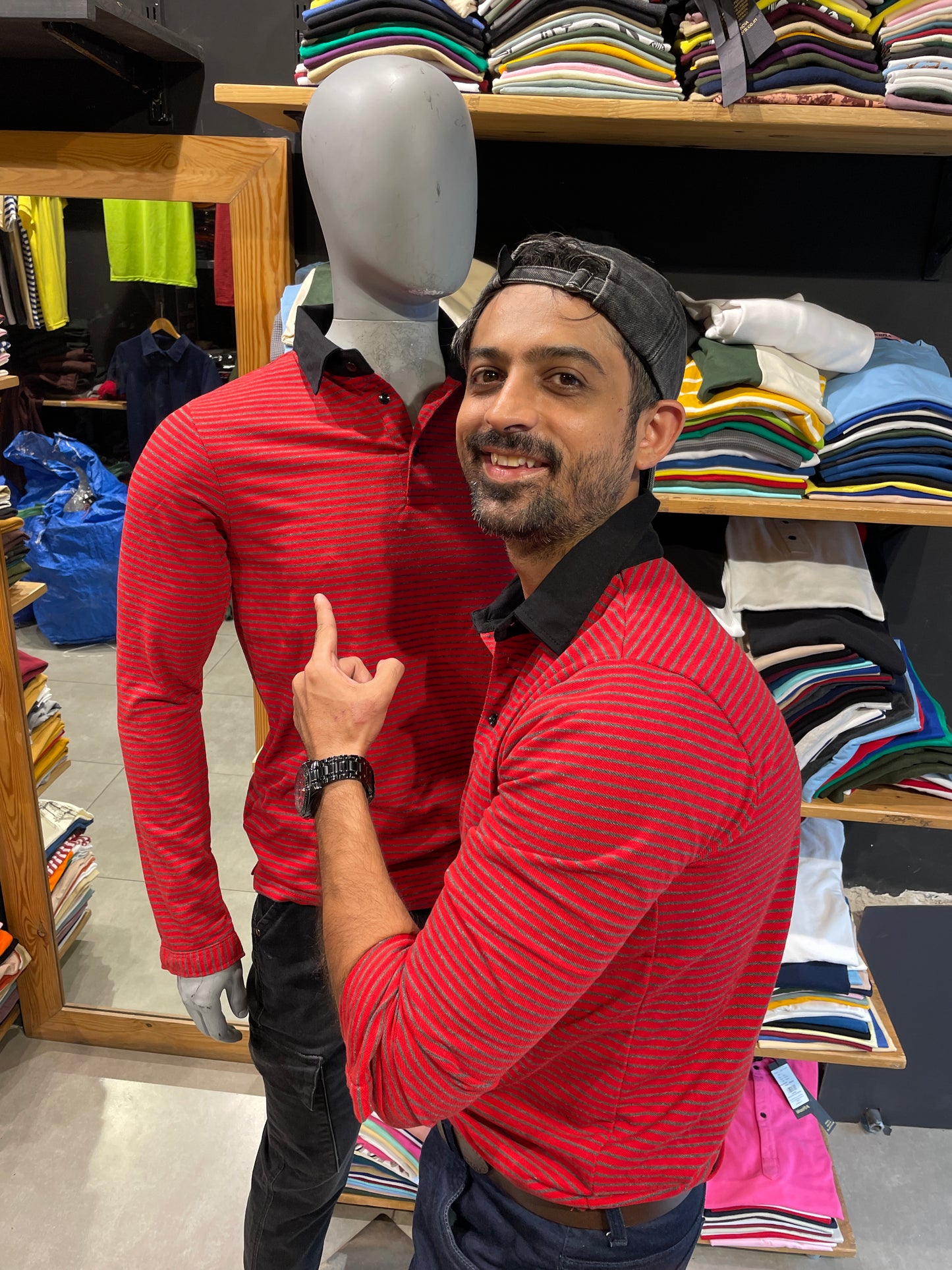 Red / Anthra Striped Tshirt with Contrast Collar
