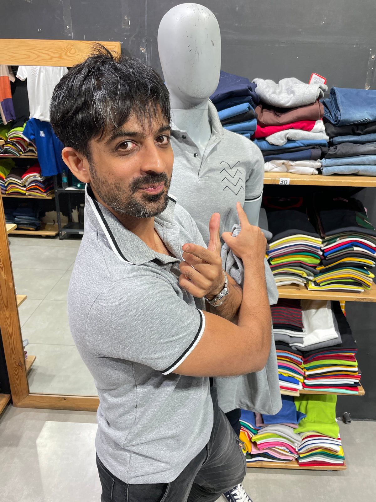 Grey Melange Printed Polo Tshirt