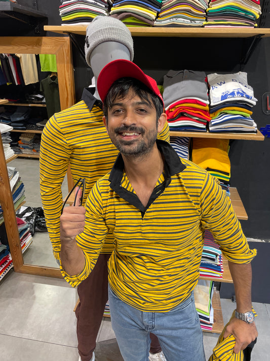 Yellow / Anthra Striped Tshirt with Contrast Collar