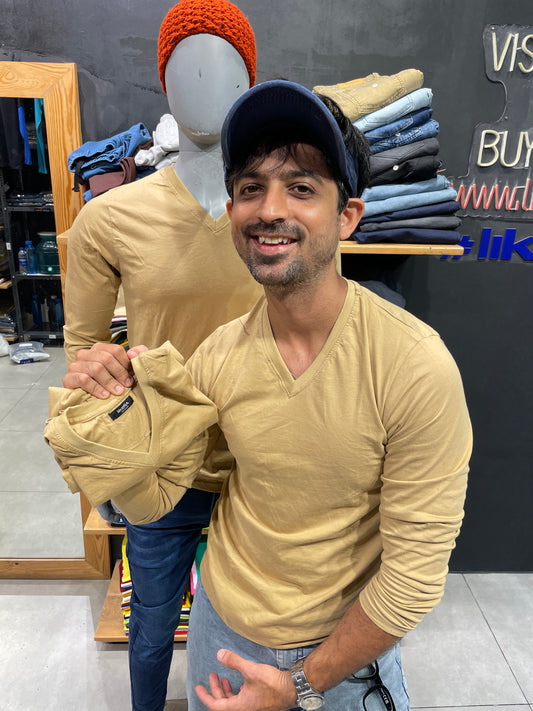 Khaki Basic V Neck Full Sleeves Tshirt