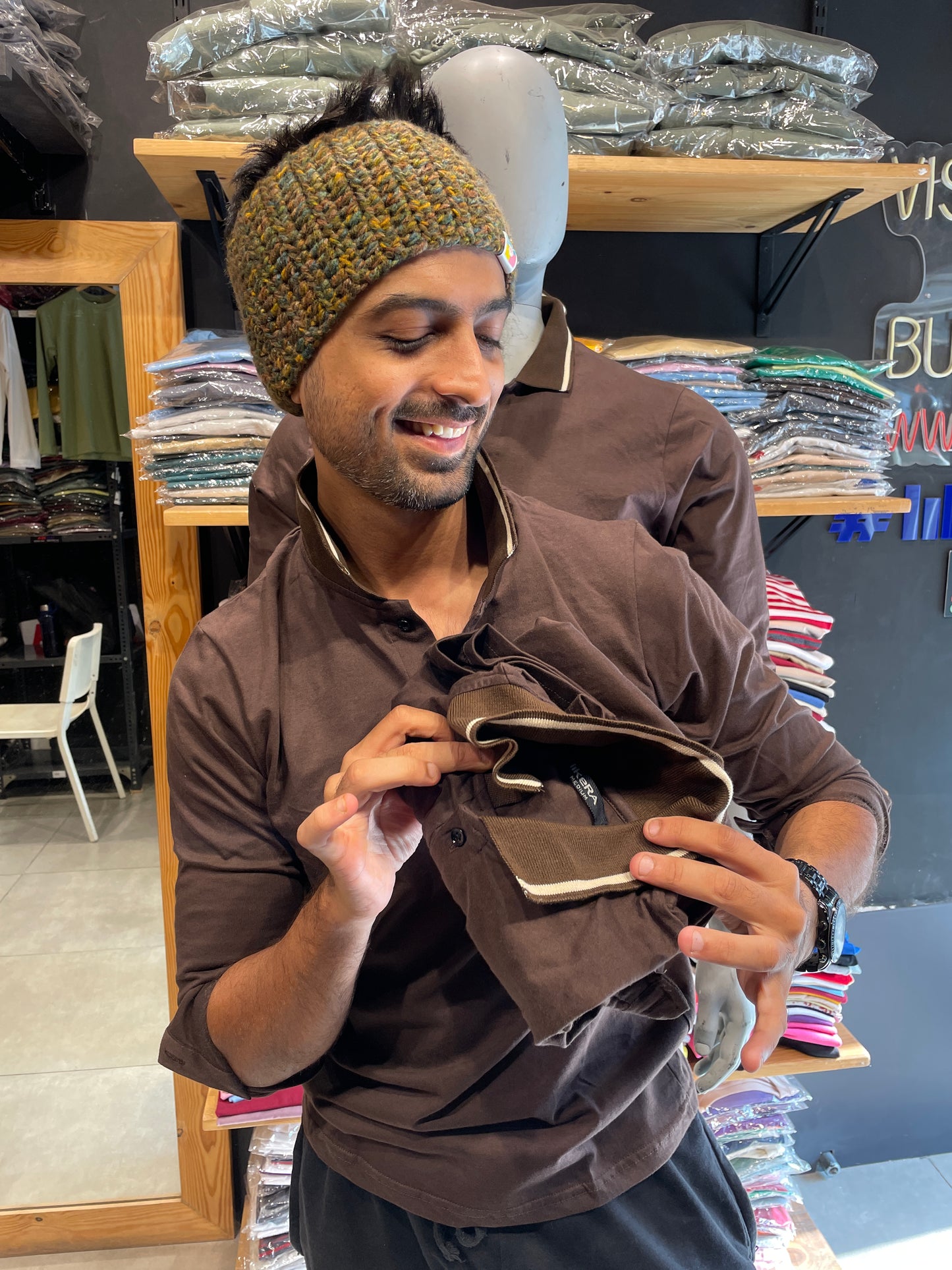 Brown Full Sleeves Collar Tshirt