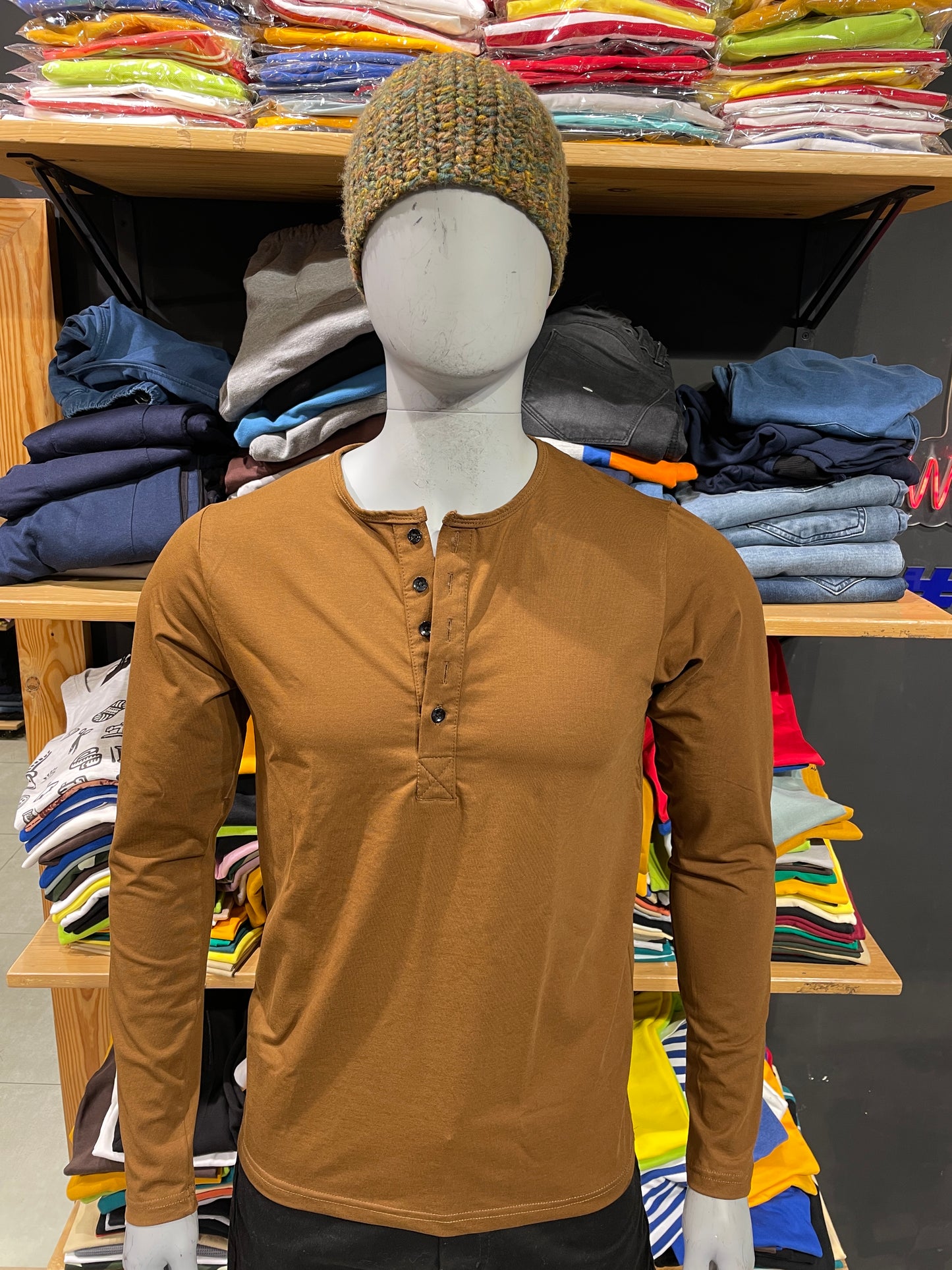 Tan 5 Button Stretchable Henley