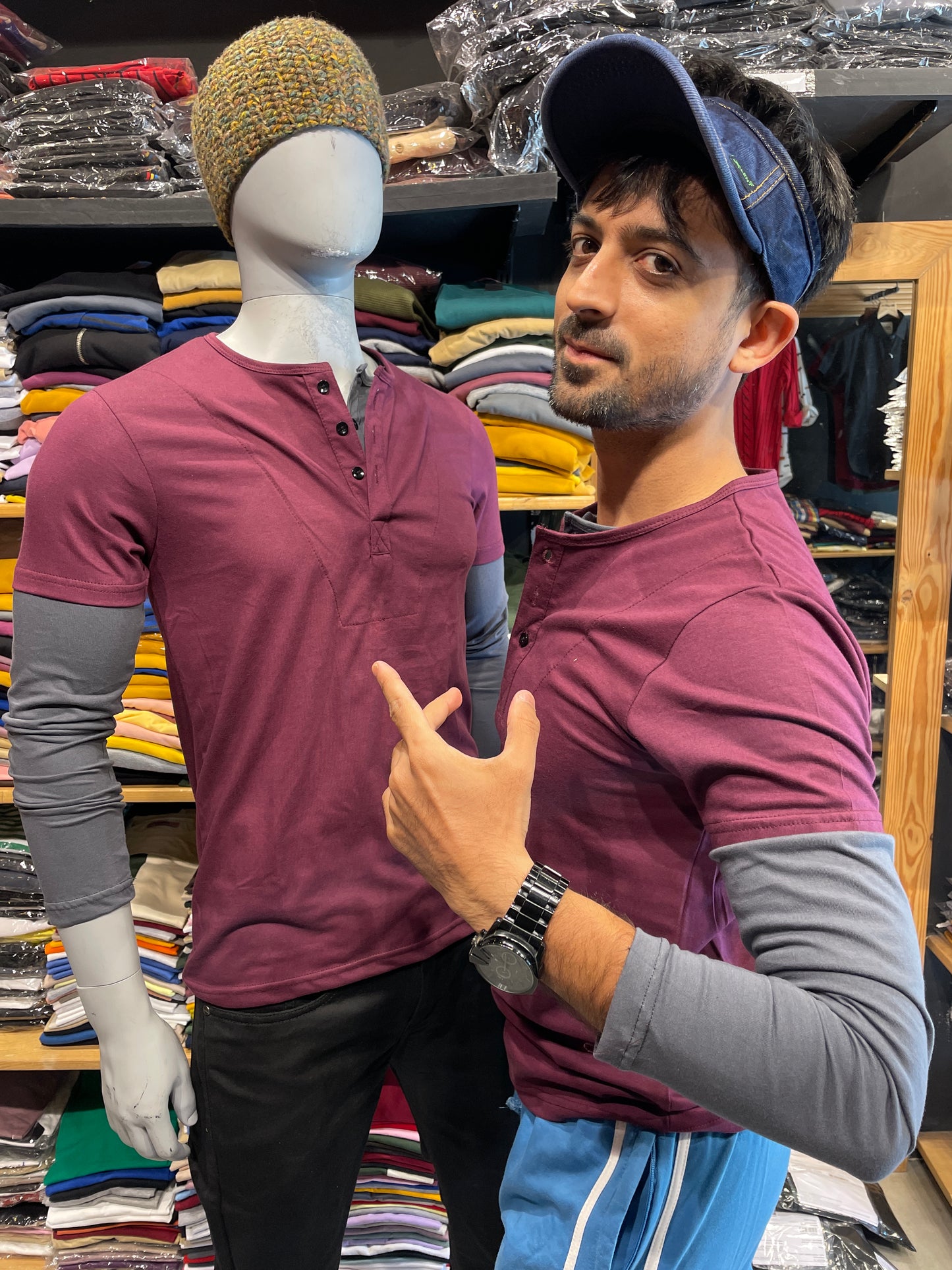 Burgundy / Steel Grey Double Placket Doc Sleeves Henley
