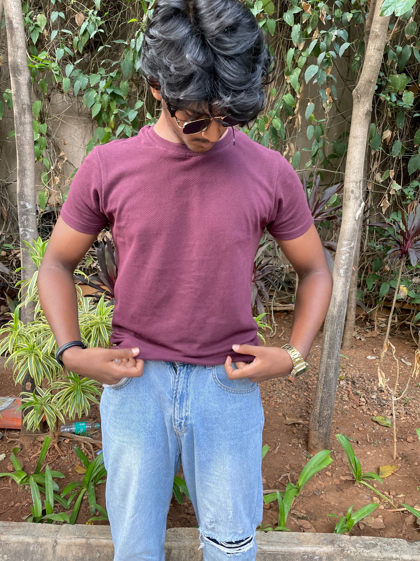 Burgundy Popcorn Fabric Basic Tee