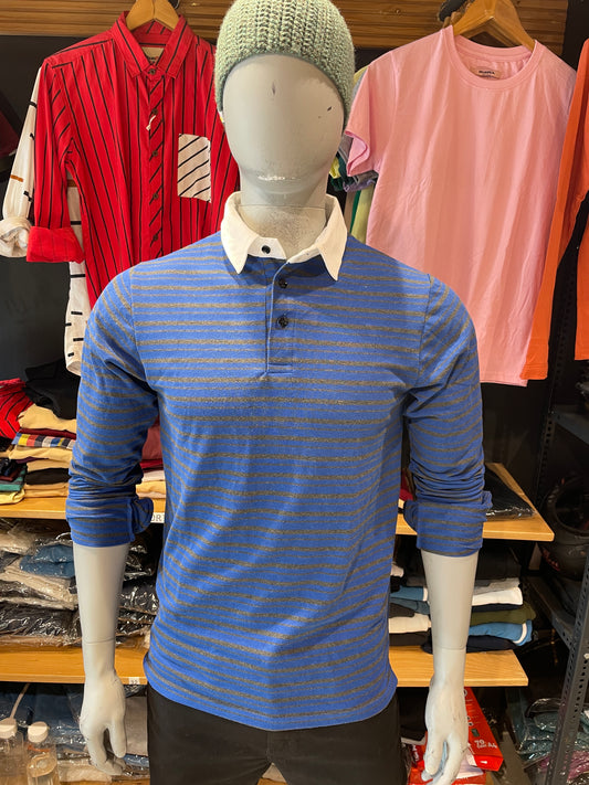 Blue / Anthra Striped Tshirt Contrast Collar