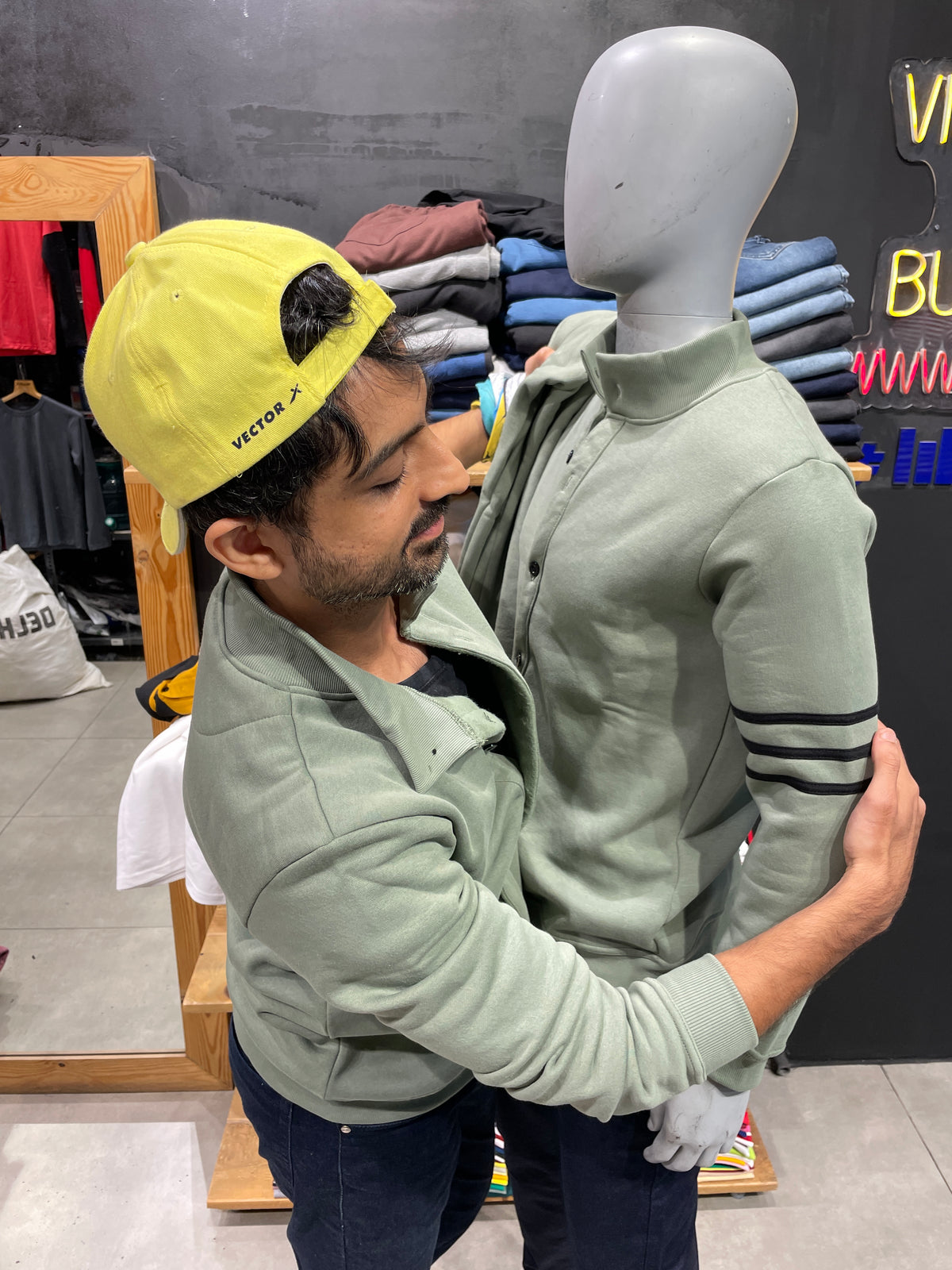 Smoke Green High Neck Jacket with Three Lines