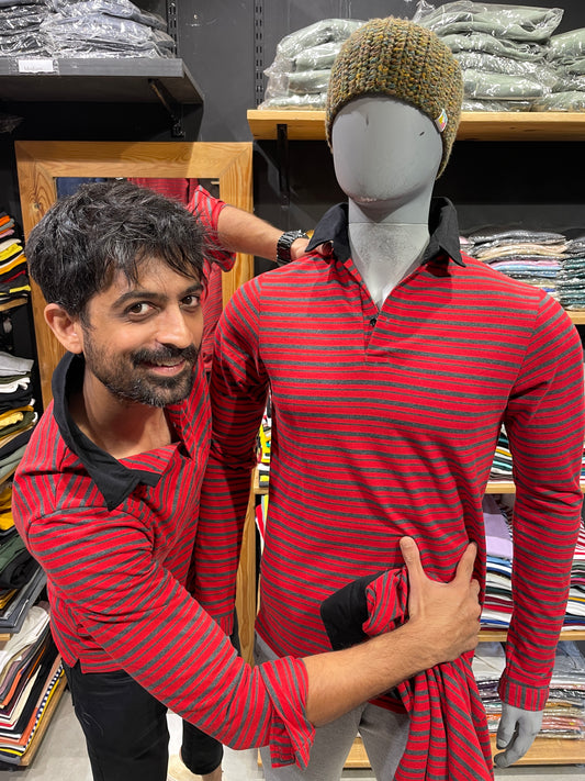 Red / Anthra Striped Tshirt with Contrast Collar