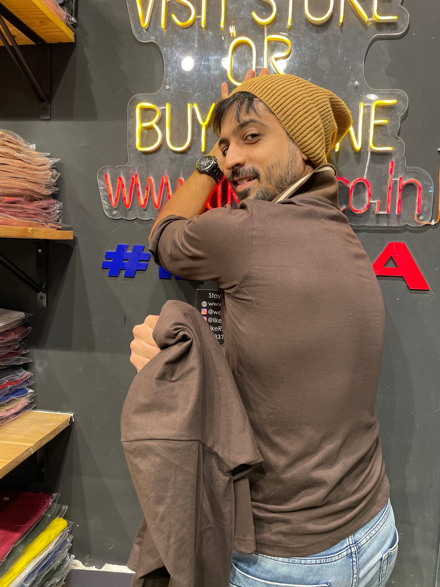 Brown Full Sleeves Collar Tshirt