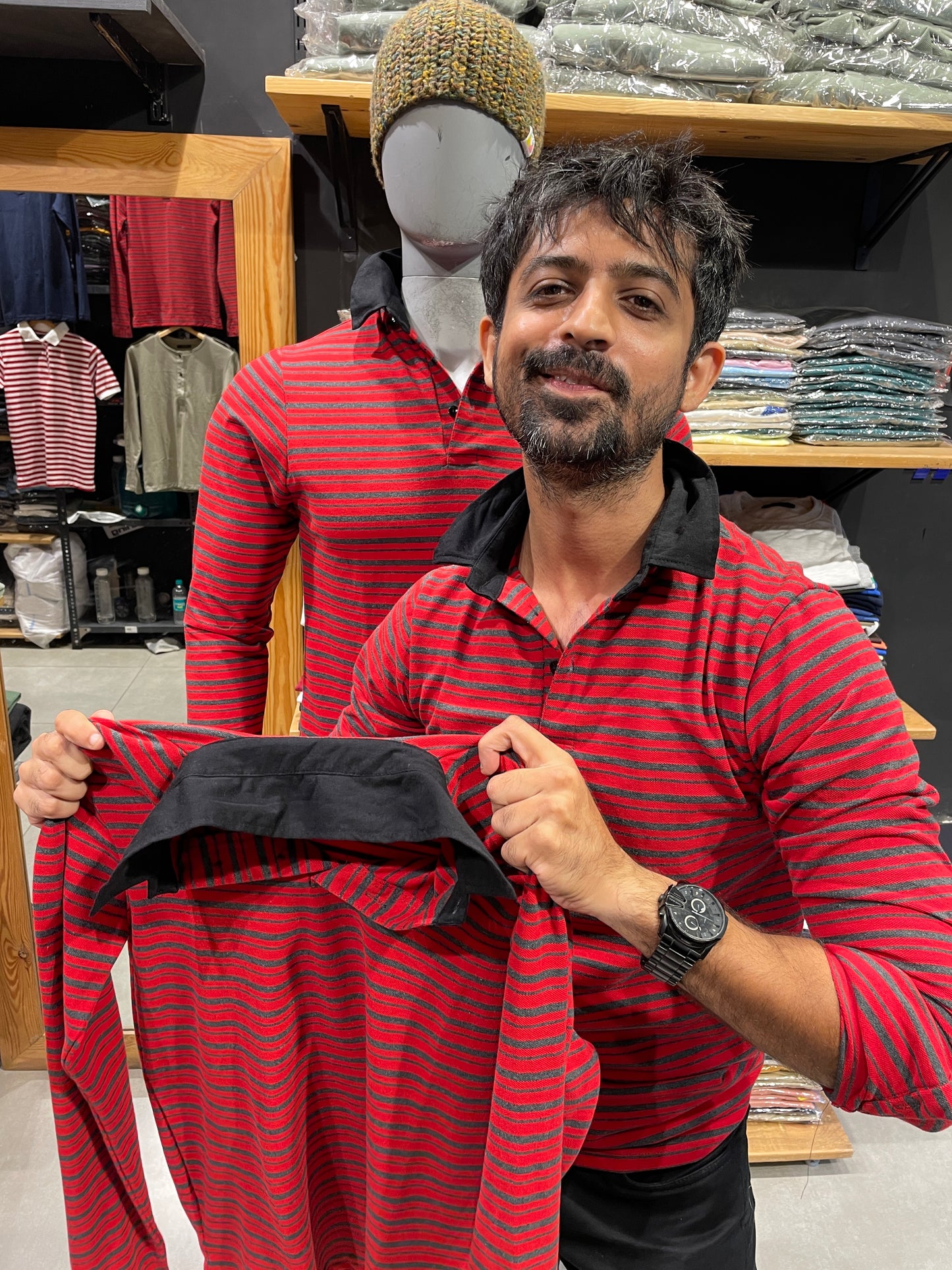 Red / Anthra Striped Tshirt with Contrast Collar
