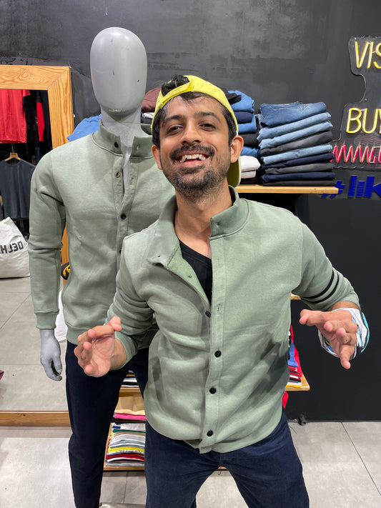 Smoke Green High Neck Jacket with Three Lines