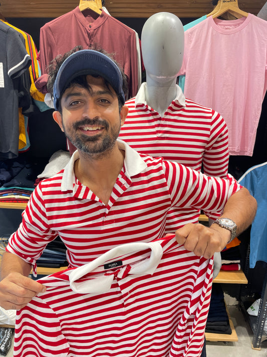 Red / White Striped Polo Tshirt in Full sleeves