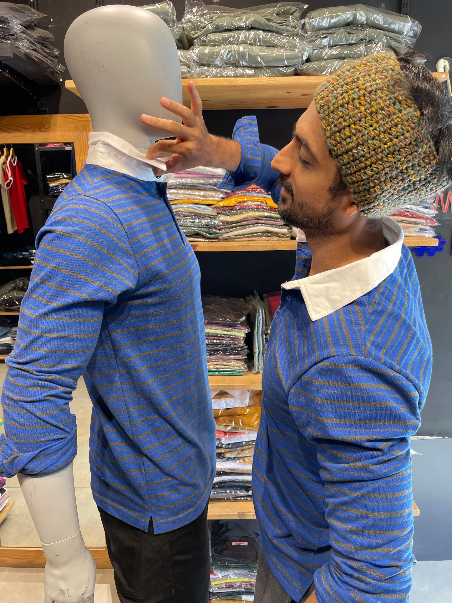 Blue / Anthra Striped Tshirt Contrast Collar