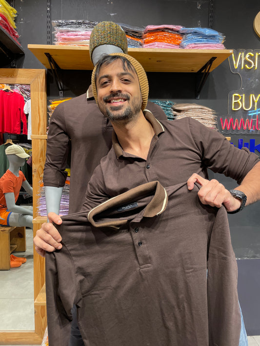 Brown Full Sleeves Collar Tshirt