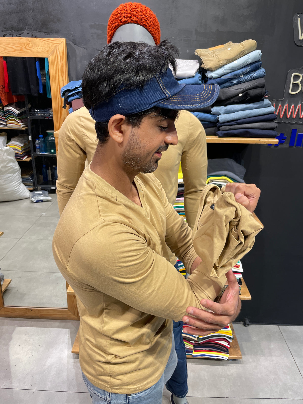 Khaki Basic V Neck Full Sleeves Tshirt
