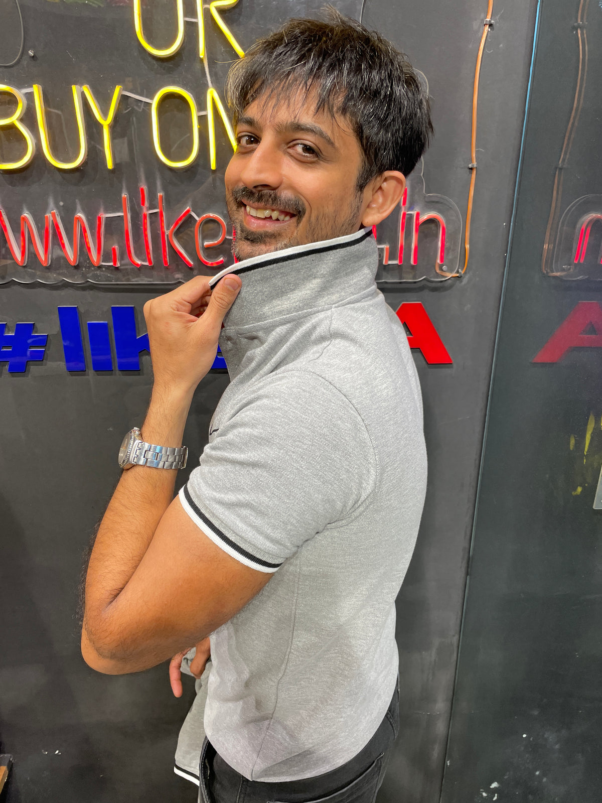 Grey Melange Printed Polo Tshirt