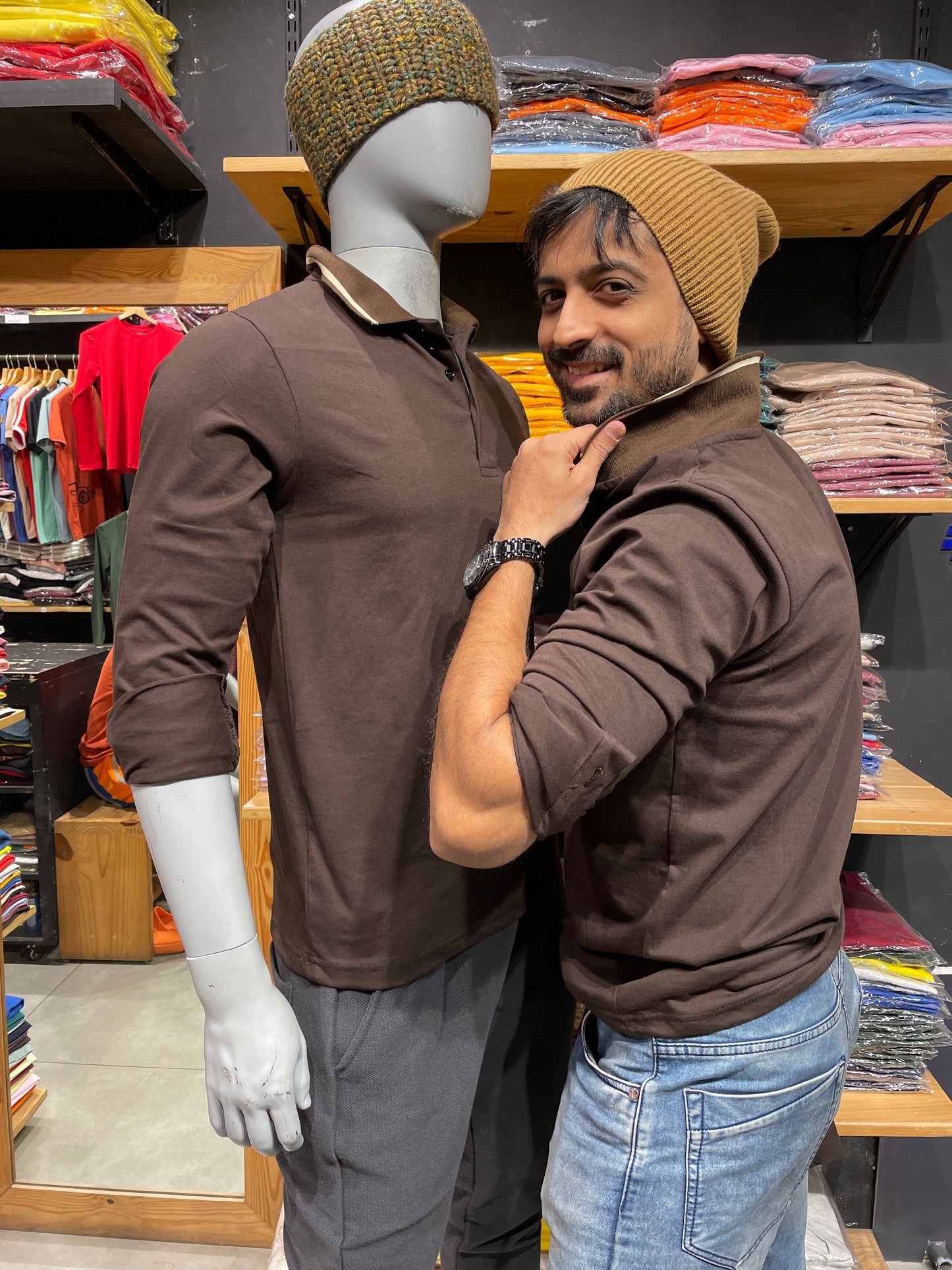 Brown Full Sleeves Collar Tshirt