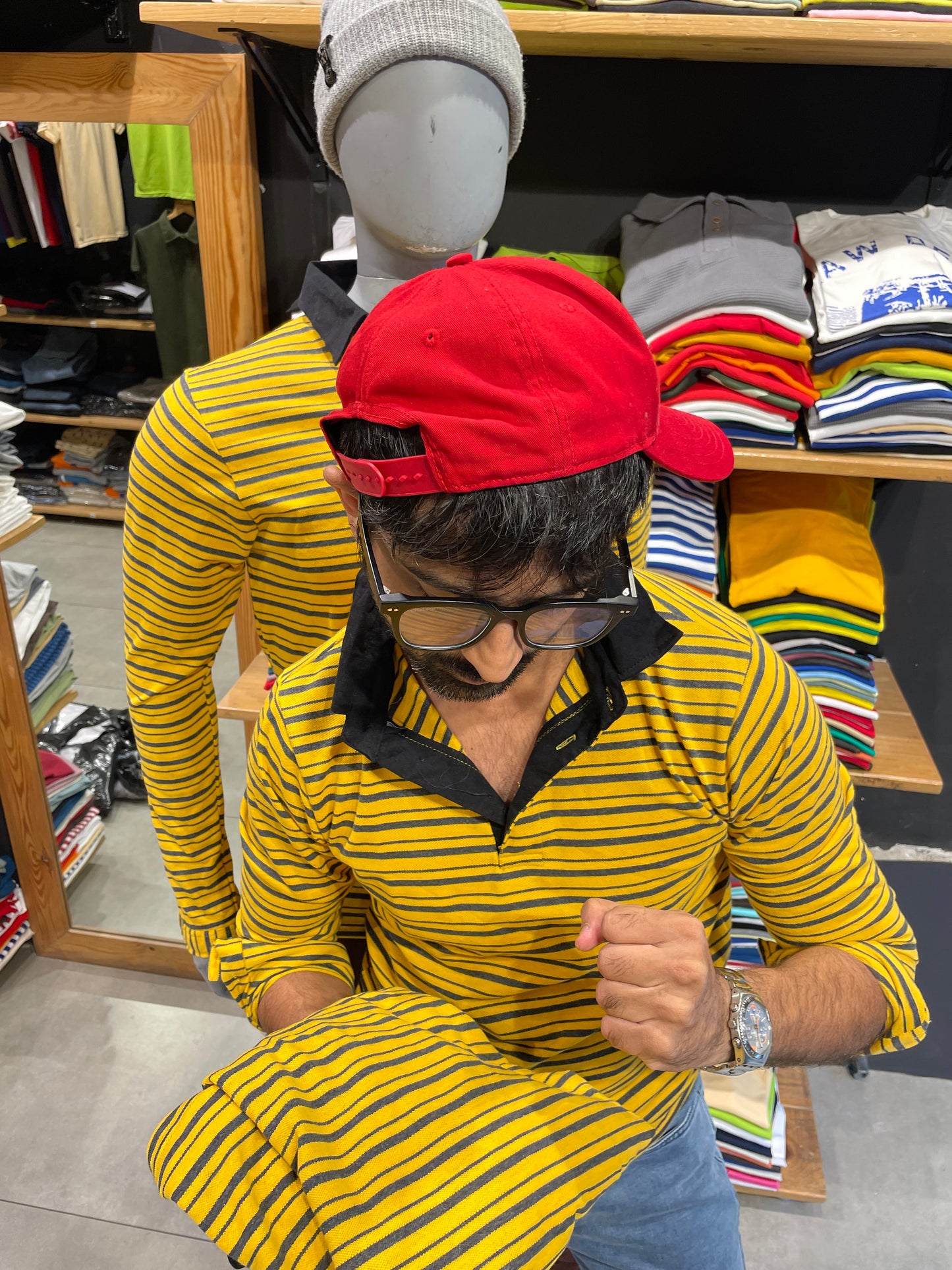 Yellow / Anthra Striped Tshirt with Contrast Collar