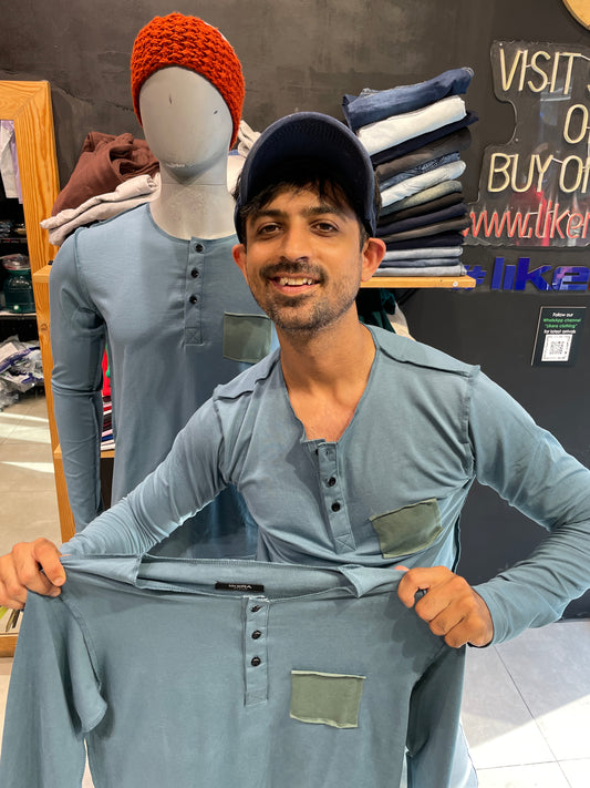 Petrol Blue Stretchable Henley with Outside Stitching