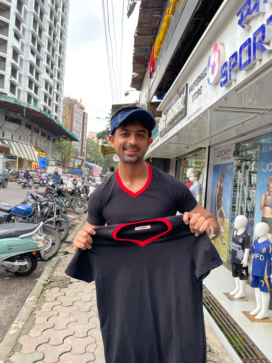 Black V Neck Tshirt with Red Rib