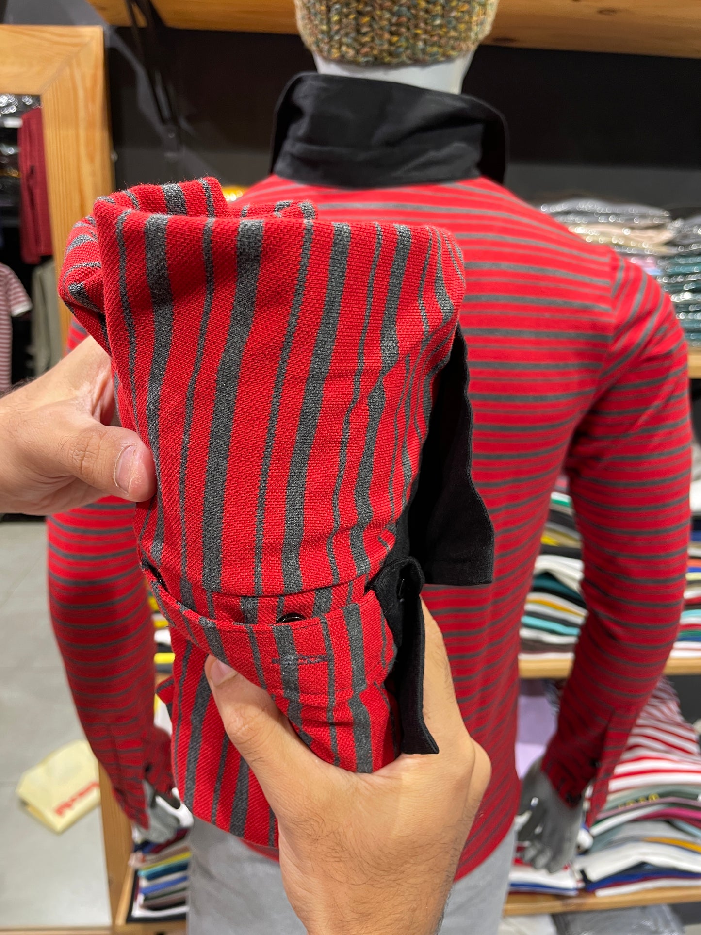 Red / Anthra Striped Tshirt with Contrast Collar