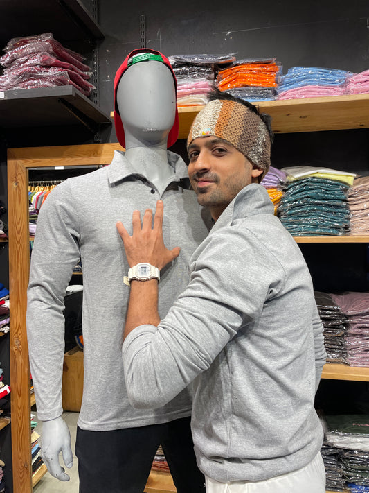 Grey Melange Full sleeves Collar Tshirt