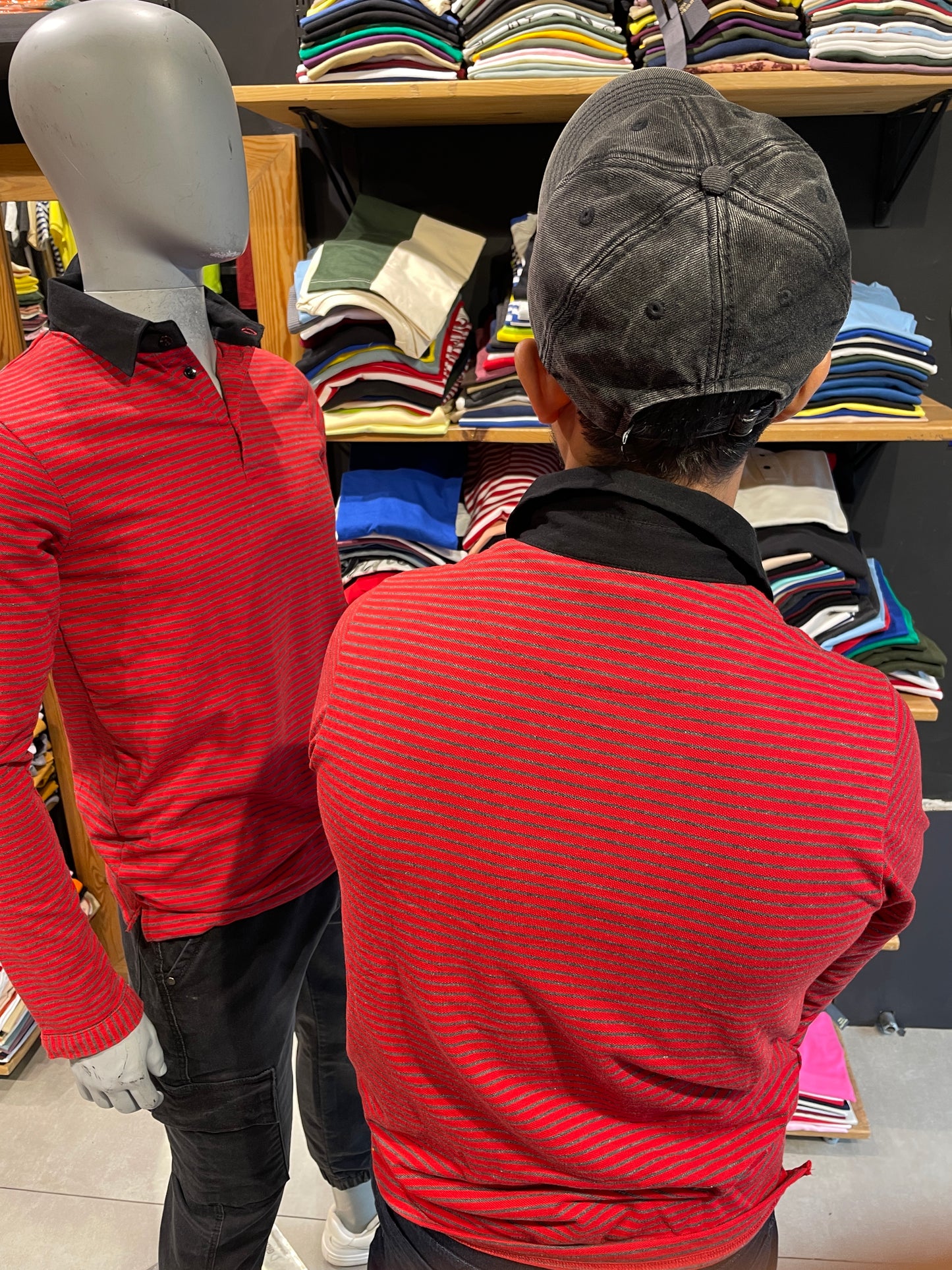 Red / Anthra Striped Tshirt with Contrast Collar