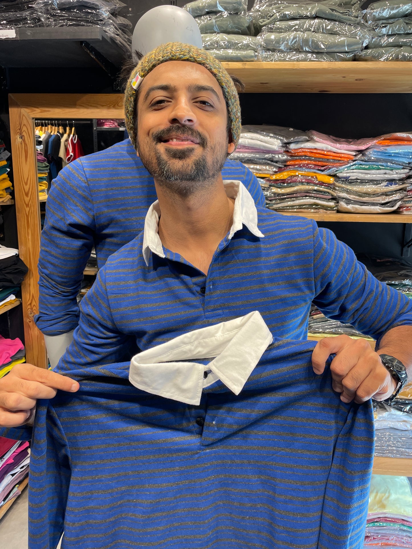 Blue / Anthra Striped Tshirt Contrast Collar