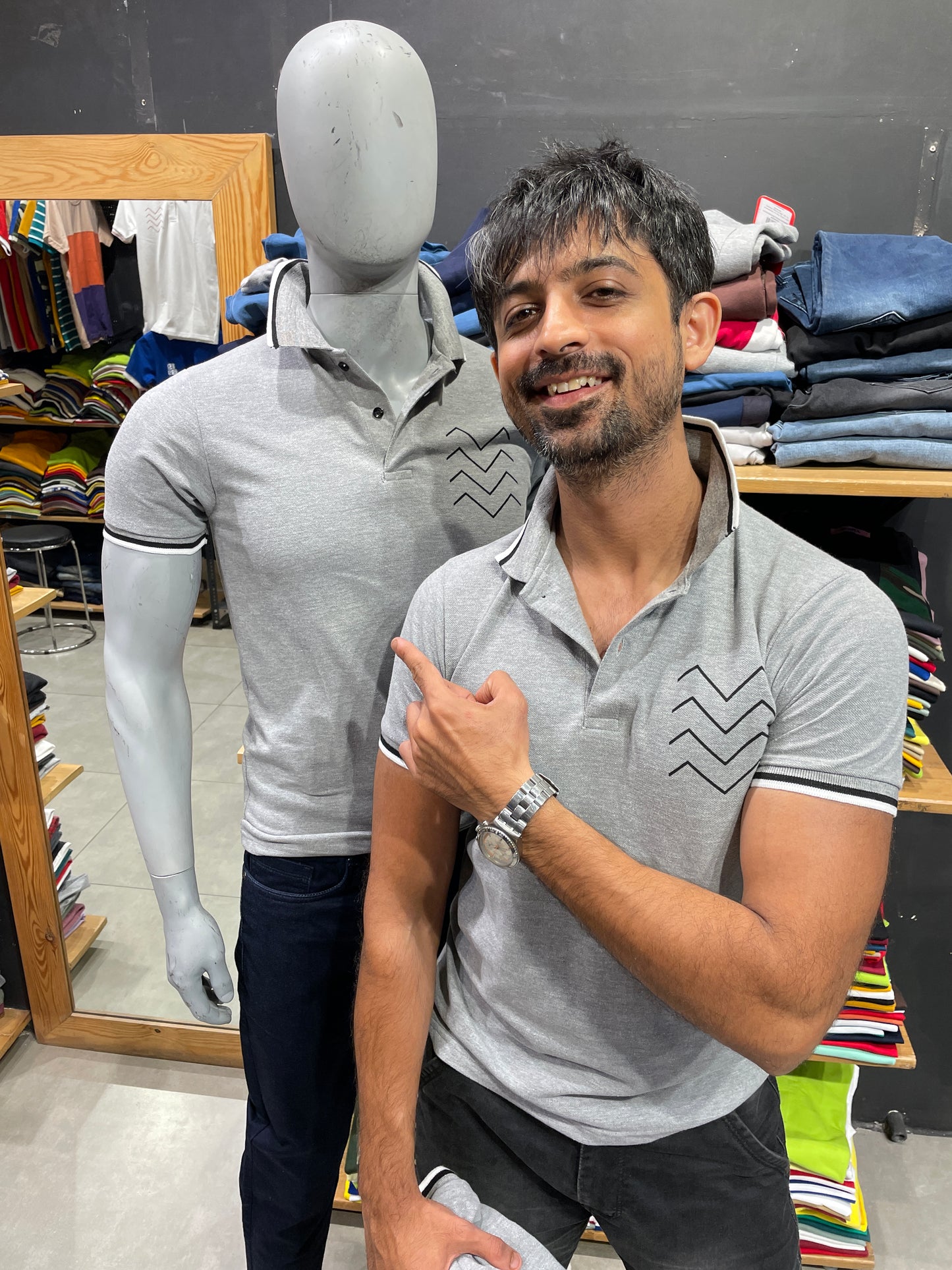 Grey Melange Printed Polo Tshirt