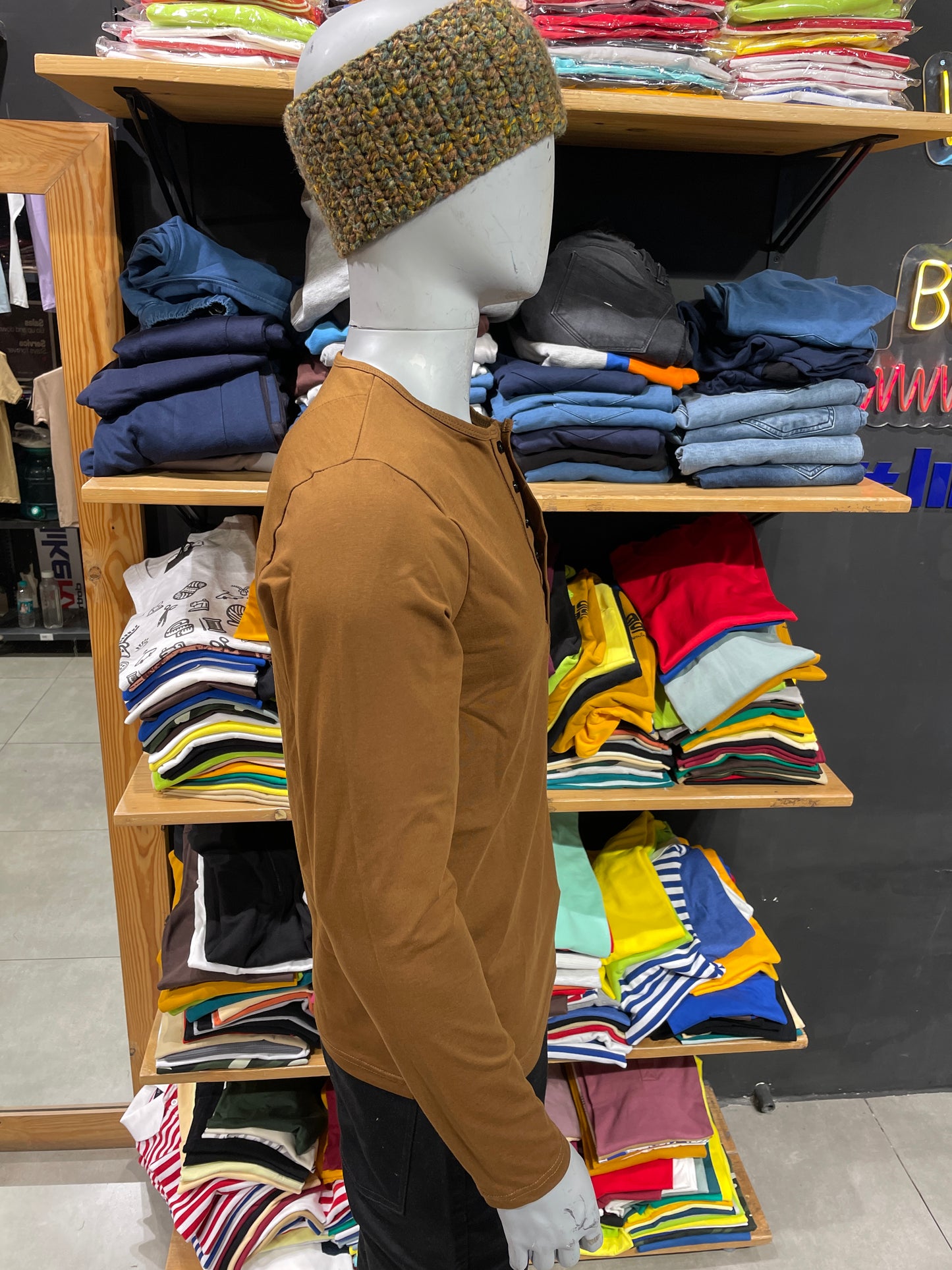 Tan 5 Button Stretchable Henley